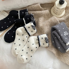 5 Pairs Women'S Fuzzy Socks, Polyester Elastane Knit Fabric, Butterfly Pattern, Frill Details, Hand Wash or Professional Dry Clean - KawaSocks
