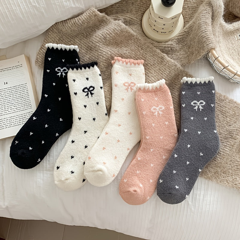 5 Pairs Women'S Fuzzy Socks, Polyester Elastane Knit Fabric, Butterfly Pattern, Frill Details, Hand Wash or Professional Dry Clean - KawaSocks