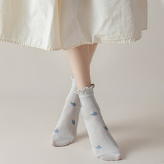 5 Pairs Women'S Floral Polyester Knit Fabric Socks, Breathable Sweat-Absorbent Mid-Calf Length with Elastic Band, Cute Fruit Pattern, Soft Ruffled Edge, Machine Washable - KawaSocks