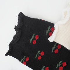 4 Pairs of Four Seasons Women's Mid-Calf Socks with Cherry Print Autumn Mid-Calf Socks in Ballet Style Sweet Girl Style Women's Socks - KawaSocks