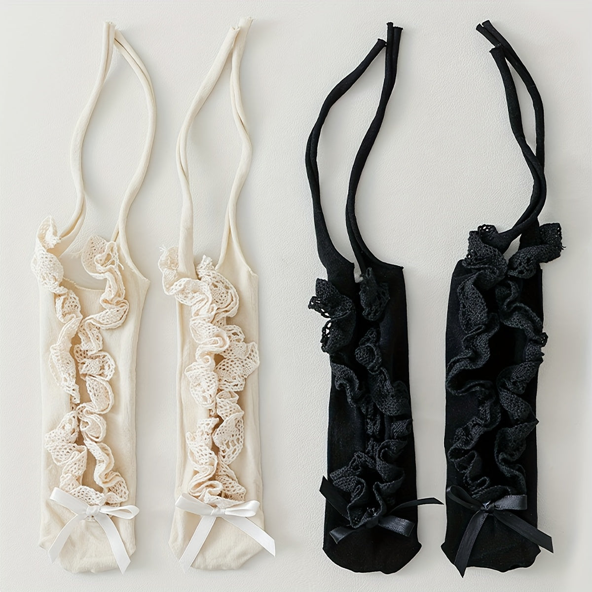 1/2 Pair of Lace Socks for Women, Black and White Lace Boat Socks with Lace Ties, Thin Ballet Style, 'S Bow, Mary Jane - KawaSocks