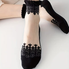 6 Pairs Soft & Breathable Lace Patchwork Crew Socks - Women's Calf Socks with Comfortable Stockings & Hosiery for Everyday Wear - KawaSocks