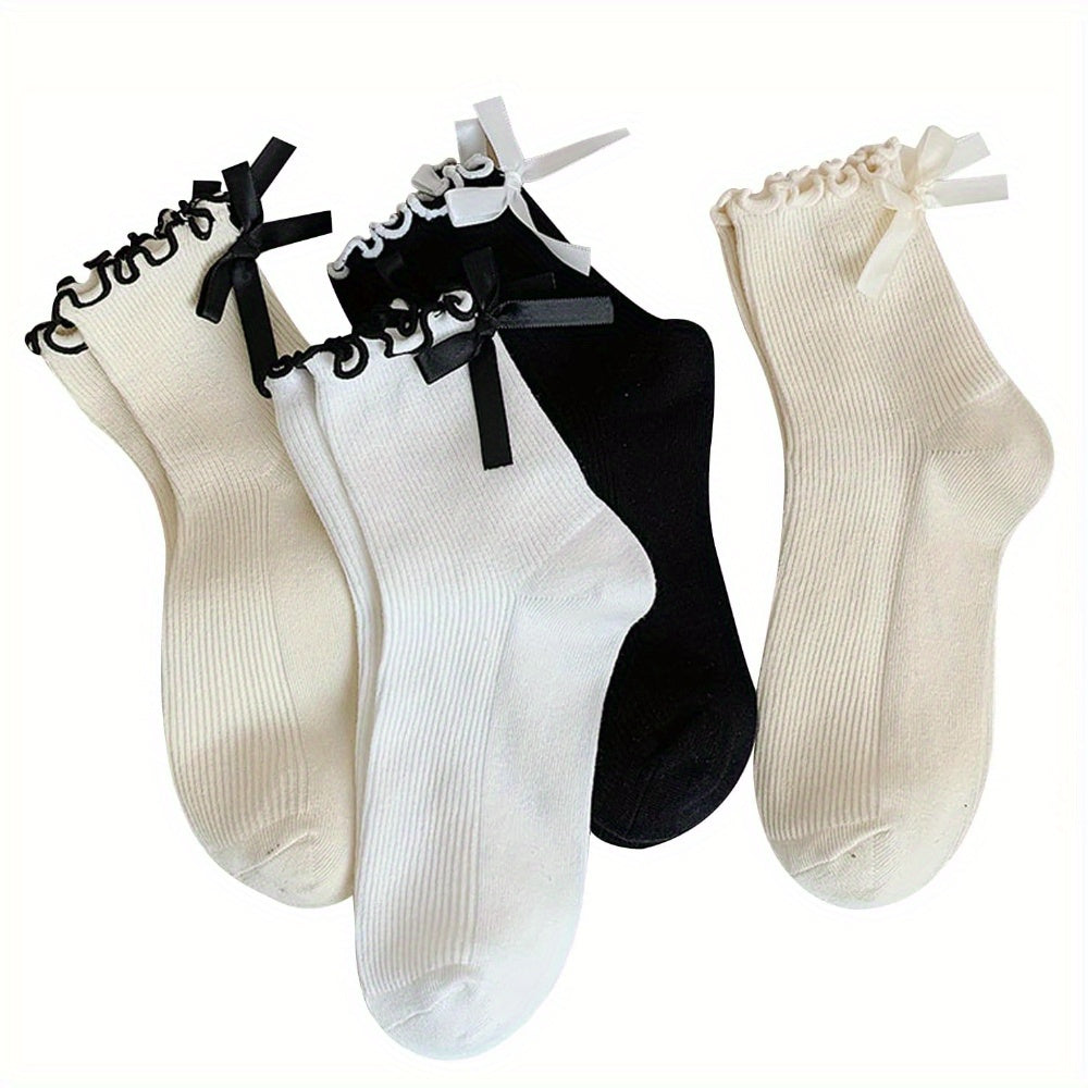 4pcs Versatile Women'S Socks, Mid-calf Lace Socks, Cute Bow Decoration, Women'S Bow Socks, Casual Black, White, Beige, Soft and Breathable Socks, Suitable for All Levels 4, Suitable for Most Shoes - KawaSocks