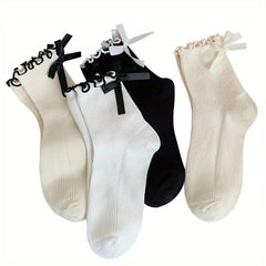 4pcs Versatile Women'S Socks, Mid-calf Lace Socks, Cute Bow Decoration, Women'S Bow Socks, Casual Black, White, Beige, Soft and Breathable Socks, Suitable for All Levels 4, Suitable for Most Shoes - KawaSocks