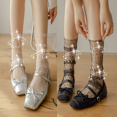 1 Pair of Women'S Short Stack Heel Socks - Chic Mesh, Lace, and Beaded Design with Sparkling Accents, Polyamide Blend, Mid-Calf Length, Fashionable Transparent Tights, Fashion Tights|Chic Sock Design|Polyamide Blend - KawaSocks