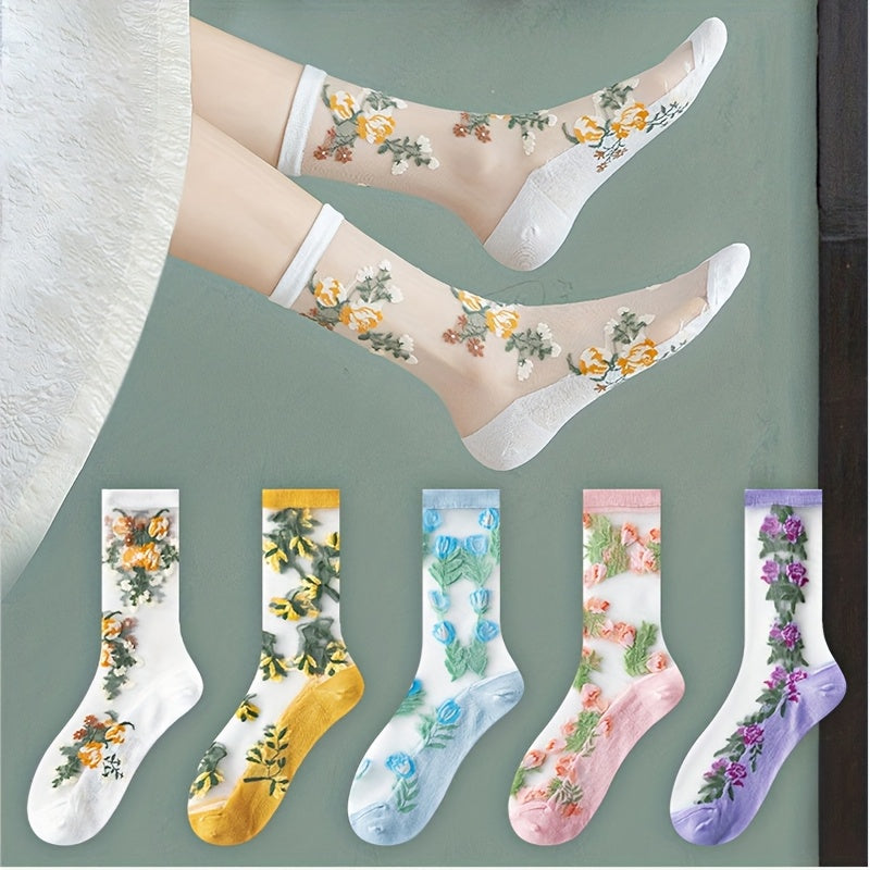 3 Pairs Women Floral Lace Mesh Spring Summer Socks Lightweight Breathable Mid Tube Socks - KawaSocks