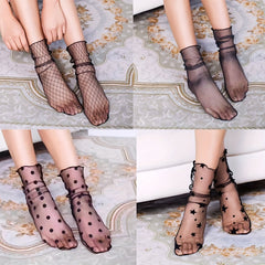 4 Pairs Women'S Spring/Summer Sheer Transparent Tights, Breathable Lace Mesh Socks with Geometric Patterns, Star & Polka Dots, Fashionable Versatile Daily Wear, 88% Polyester 12% Elastane, 100g/m² Knit Fabric - KawaSocks