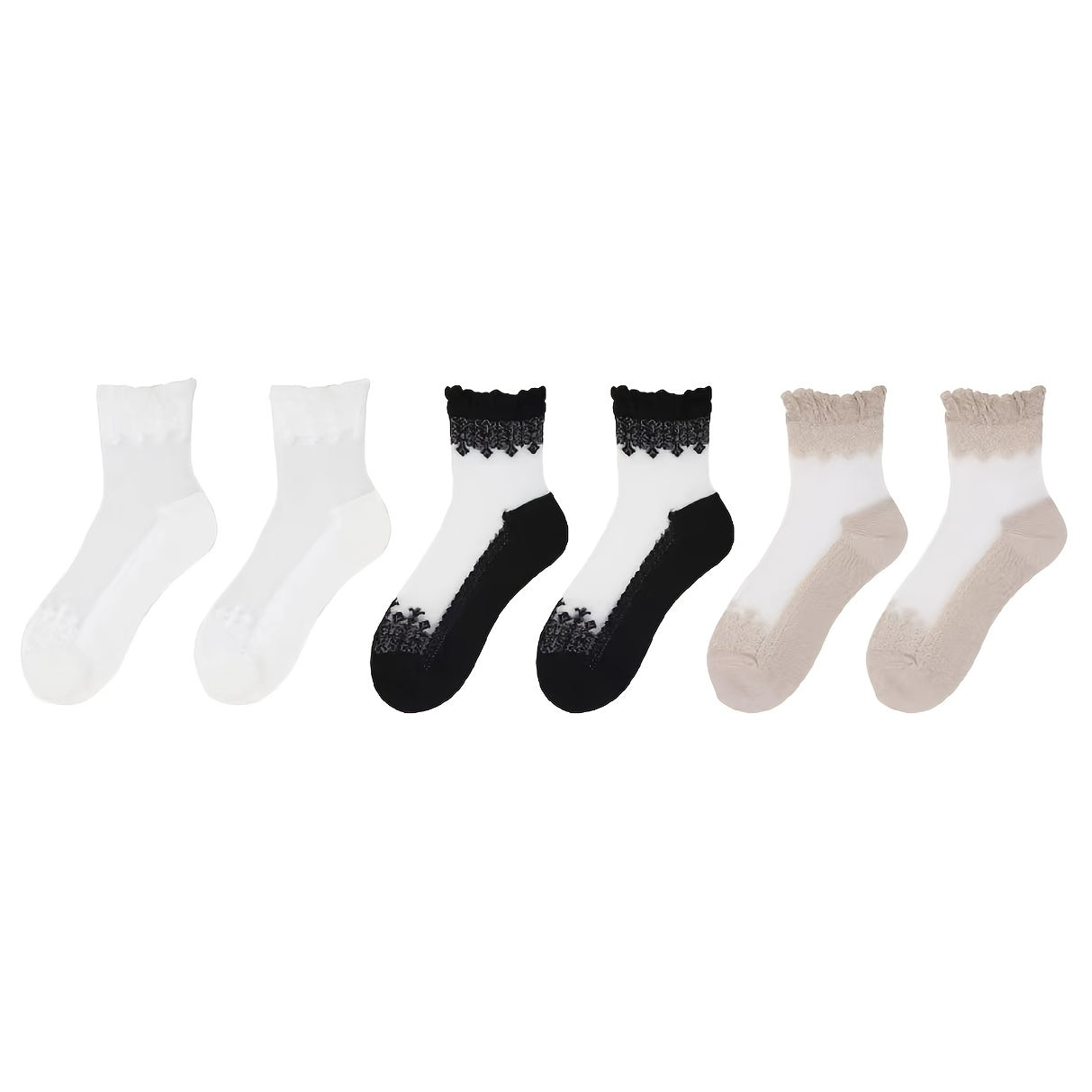 6 Pairs Soft & Breathable Lace Patchwork Crew Socks - Women's Calf Socks with Comfortable Stockings & Hosiery for Everyday Wear - KawaSocks