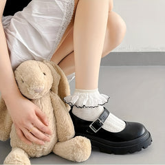 5pcs Women's Ivory Lace Ankle Socks with Bow Details – Cute and Elegant, Breathable Polyester Blend, Mid-Calf Length for Spring and Summer, Cute Socks - KawaSocks