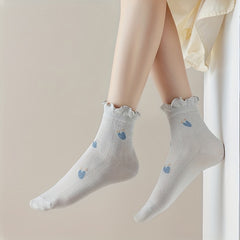 5 Pairs Women'S Floral Polyester Knit Fabric Socks, Breathable Sweat-Absorbent Mid-Calf Length with Elastic Band, Cute Fruit Pattern, Soft Ruffled Edge, Machine Washable - KawaSocks