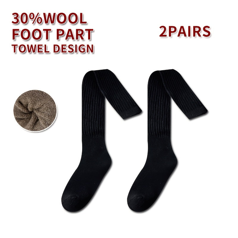 2-Pack Cozy Over-The-Knee Socks for Women, 30% Wool 70% Polyester, Solid Color, Knit Fabric, All-Season, Hand Washable, Thick Ribbed Pattern, Warm Thigh High Stockings for Teens - KawaSocks