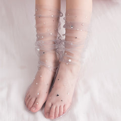 1 Pair Women'S Galaxy Pattern Tulle Tube Socks, Breathable Knit Polyamide 99% Spandex 1% Short Socks, Comfortable Loose Fit, Hand Washable - KawaSocks