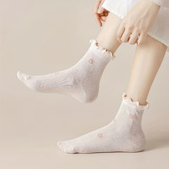 5pcs Women's Breathable Mesh Mid-Calf Socks with Floral Print & Lettuce Trim - Comfortable Polyester Blend, Machine Washable - KawaSocks