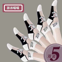 Swimming Cat sheer ankle socks with cat motifs and white cuffs, five-pair same-design pack