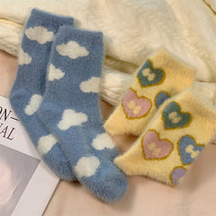 5 Pairs Floral & Butterfly Pattern Socks, Cute & Sweet Fluffy Warm Mid Tube Socks For Fall & Winter, Women's Stockings & Hosiery - KawaSocks