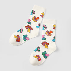 Pair of off-white crew socks with repeated pink, orange, yellow and blue-green mushroom motifs