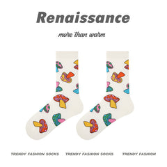 R8815 colorful mushroom crew socks shown as a pair beneath the supplier image's Renaissance text