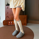 White long socks with gray contrast cuffs, diamond pointelle panels and straight rib columns