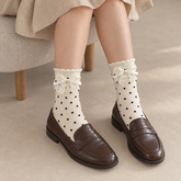 AI styling illustration of white black-dot layered lace-bow socks with brown loafers beside an oatmeal stool