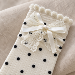 AI close detail illustration of layered white lace and ribbon bows on an opaque black-dot sock