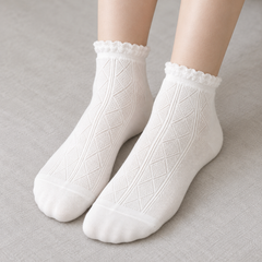 AI unshod styling illustration of White tonal diamond socks with narrow frilled cuffs, showing the insteps and plain rounded toe areas.