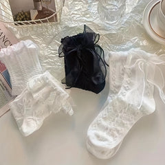 6 Pairs of Whimsical Bow Ruffled Lace Trim Mid Tube Socks - Women's Japanese Style Stockings & Hosiery with Sweet Details - Perfect for Casual Wear, Gift Idea, and Year-Round Fashion - KawaSocks