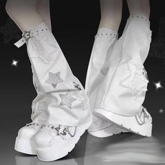 Women'S Y2K Leg Warmers Socks Knitted Star Pattern Punk Japanese Kawaii Wide Leg Set Cute Crochet Out Baggy Flared Leg 80s Arm Warmers Ankle Aesthetic Socks Accessories Streetwear Leg Cover for Fairy Knee High Leg Socks Cutec - KawaSocks