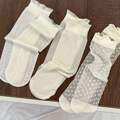 3 Pairs Ultra-Thin Breathable Ice Lace Socks for Women'S Breathable Mesh Pile Up Socks, Cute And Versatile Heelless Socks for Girls Thin Socks - KawaSocks