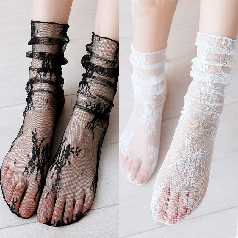 Summer Lightweight See-Through Floral Lace Ankle Socks, Ethnic Vintage Mesh Mid-Calf Socks, Stylish, Cozy, Breathable Gift for Mother'S Day. - KawaSocks