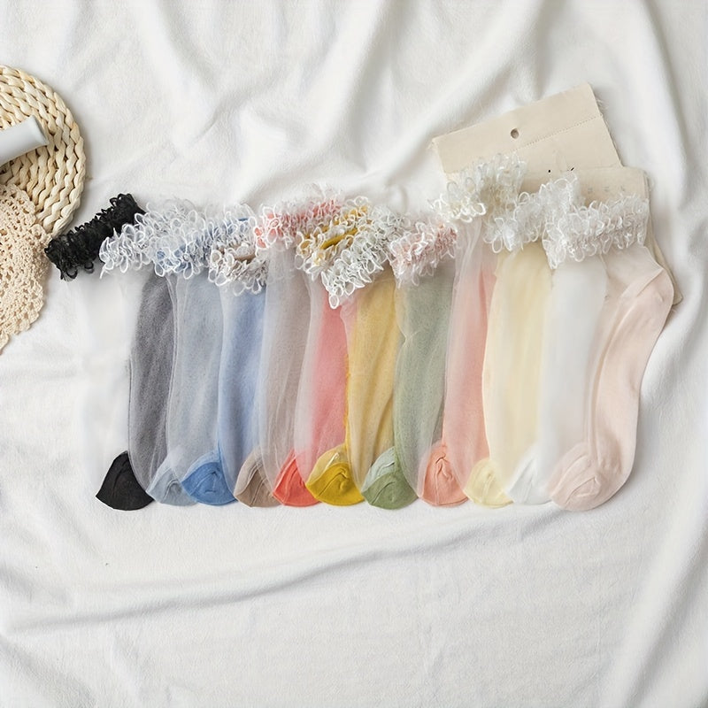 10pcs Women’s Delicate Lace Trim Ankle Socks - Breathable Polyester, Assorted Pastel Colors (Pink, Blue, White, Black & More), Japanese-Inspired Glass Crystal Fairy Design, Perfect for Summer & Casual Wear, Versatile Fashio - KawaSocks