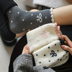 5 Pairs Women'S Fuzzy Socks, Polyester Elastane Knit Fabric, Butterfly Pattern, Frill Details, Hand Wash or Professional Dry Clean - KawaSocks