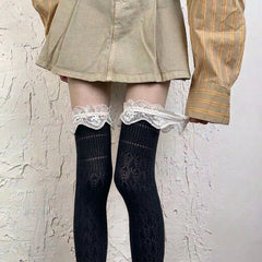 Black long socks with diamond openwork and scalloped lace cuffs