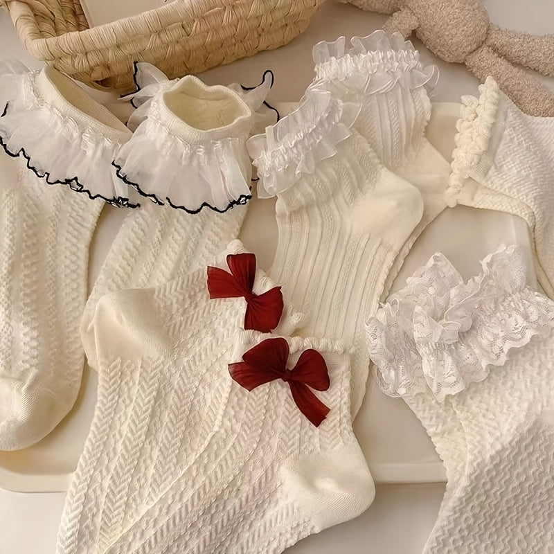 5pcs Women's Ivory Lace Ankle Socks with Bow Details – Cute and Elegant, Breathable Polyester Blend, Mid-Calf Length for Spring and Summer, Cute Socks - KawaSocks