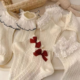 5pcs Women's Ivory Lace Ankle Socks with Bow Details – Cute and Elegant, Breathable Polyester Blend, Mid-Calf Length for Spring and Summer, Cute Socks - KawaSocks