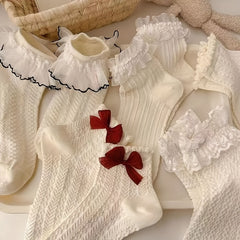 5pcs Women's Ivory Lace Ankle Socks with Bow Details – Cute and Elegant, Breathable Polyester Blend, Mid-Calf Length for Spring and Summer, Cute Socks - KawaSocks