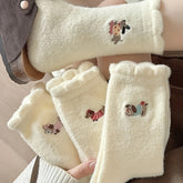 4 Pairs Women'S Winter Warm Fuzzy Socks, Cute Cartoon Plus Velvet Padded, Solid Color Knit Fabric, Polyester 90% Spandex 10%, Hand Washable, 300g/m² - Cozy Japanese Style Floor Sleep Socks - KawaSocks