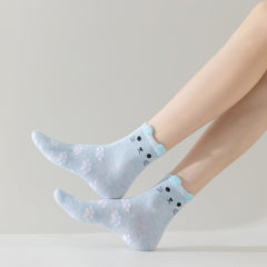 5 Pairs of Cute Cat Footprint Warm Cotton Socks, Cartoon Three-dimensional Ears Mid-Calf Socks, Women's Socks - KawaSocks