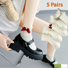 5pcs Women's Ivory Lace Ankle Socks with Bow Details – Cute and Elegant, Breathable Polyester Blend, Mid-Calf Length for Spring and Summer, Cute Socks - KawaSocks