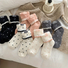 5 Pairs Women'S Fuzzy Socks, Polyester Elastane Knit Fabric, Butterfly Pattern, Frill Details, Hand Wash or Professional Dry Clean - KawaSocks