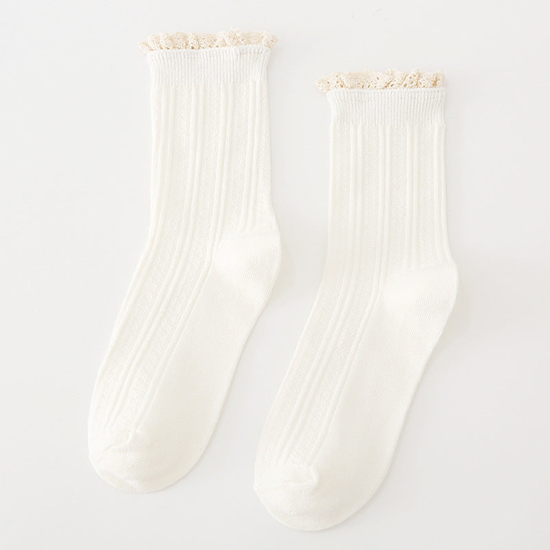 Pair of White crew socks with fine straight vertical ribs, broad ribbed cuffs and narrow cream lace edging