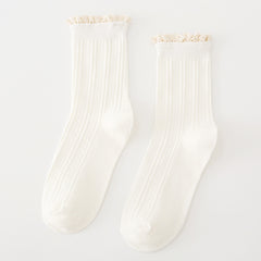 Pair of White crew socks with fine straight vertical ribs, broad ribbed cuffs and narrow cream lace edging