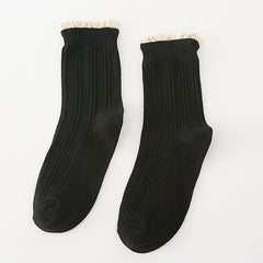 Pair of Black crew socks with fine straight vertical ribs and narrow cream lace edging above ribbed cuffs