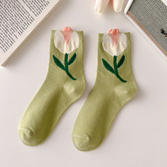 Green with Tulip flower-cuff socks, selected one-pair style