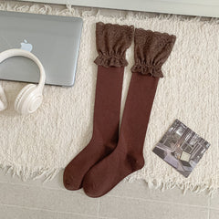 Coffee long socks with broad gathered floral lace cuffs and plain bodies
