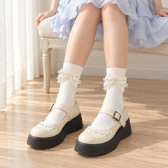 AI seated skirt outfit illustration with Milky White heart-lace-bow socks and cream Mary Janes