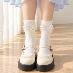 AI close styling illustration of cream heart-openwork lace bows with fine pale-pink ribbon on ribbed socks