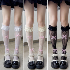 White, Black and Beige long bow socks shown as separate color choices, sold one selected pair at a time