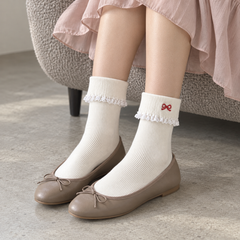 AI front seated-outfit illustration of White fold-over lace-edge socks with a small red embroidered bow and taupe ballet flats