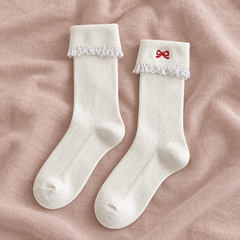 AI complete-pair illustration of White ribbed fold-over socks, one supported embroidered outer cuff and one plain rear-facing cuff with lace below each fold