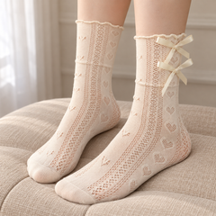 AI unshod styling illustration showing supported Milky White pointelle sock feet, small heart columns, openwork bands and plain toes